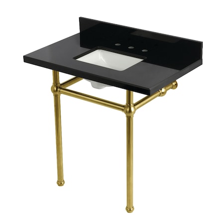 Kingston Brass 36" Black Granite Console Sink with Brass Legs, 8-Inch, 3-Hole, Black Granite/Brushed Brass KVPK36KBSQ7