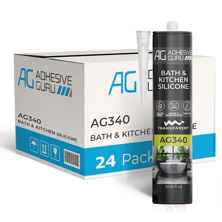 Adhesive Guru AG340 100% Silicone Sealant, Clear Caulk for Bath & Kitchen, Waterproof & Flexible, 24PK adgr_AG340_BaKit_24Pk