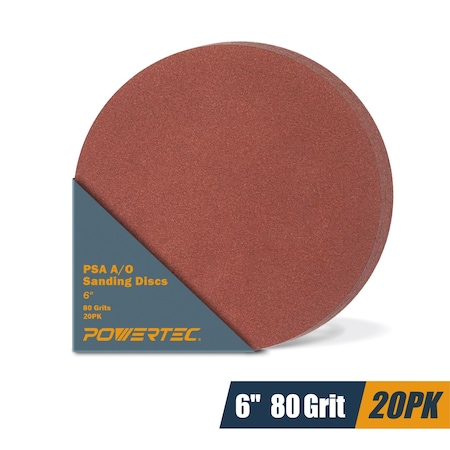 Powertec 6in PSA Sanding Discs, Aluminum Oxide, 80 Grit, 20PK 110290-P2N