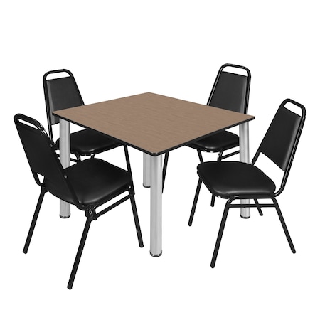 Regency Square Kee Breakroom Table W/ 4 Restaurant Stack Chairs, 48 in W, 48 in L, Noble Oak TB4848NOBPCM29BK