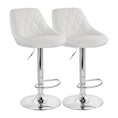 Elama 2 Pc Diamond Stitched Faux Leather Bar Stool in White with Chrome Base  and Adjustable Height ELM-704C-WHT