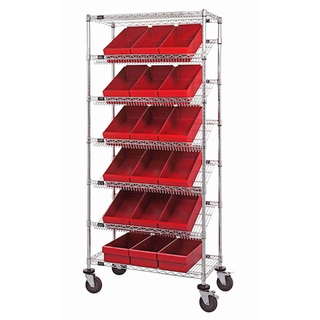 Quantum Storage Systems WIRE SHELVING UNIT W/18 RED BINS MOBILE MWRS-7-606RD