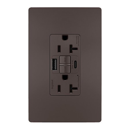 Legrand USB Receptacle, 20 A, Brown, Nylon 2097TRUSBAC