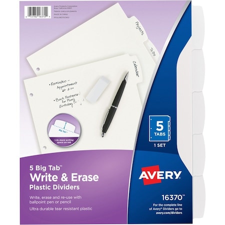 Avery Write and Erase Big Tab Durable Plastic Dividers, 3-Hole Punched, 5-Tab, 11 x 8.5, White, 1 Set 16370