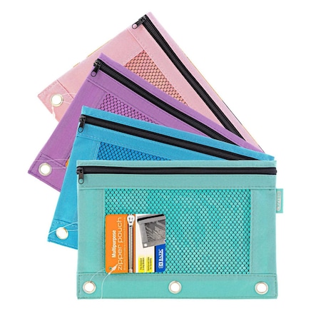 Bazic Products 3-Ring Pencil Pouch with Mesh Window, Retro Pastel Colors, 4PK 810