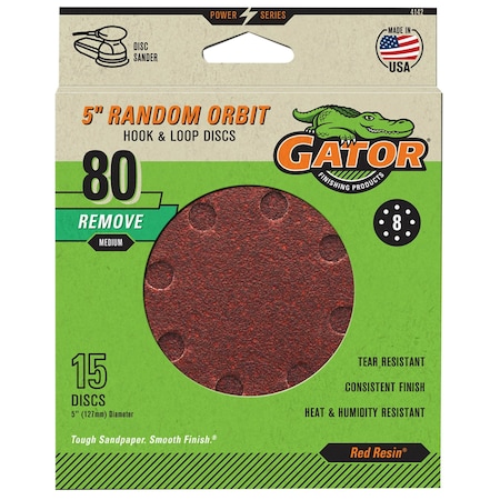 Gator Finishing Red Resin 5 in. Random Orbit Hook and Loop Sanding Discs, 80 Grit, Medium, 15PK 4142