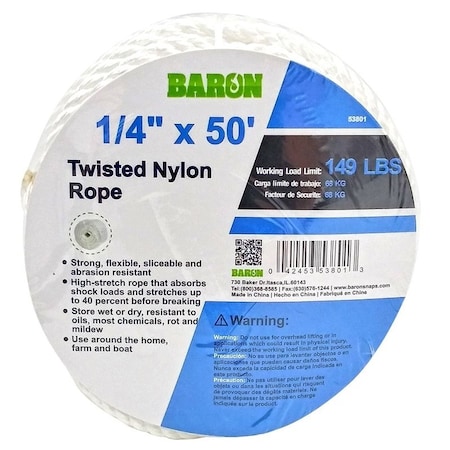 Baron Rope, 1/4 in Dia, 50 ft L, 149 lb Working Load, Nylon, White 53801