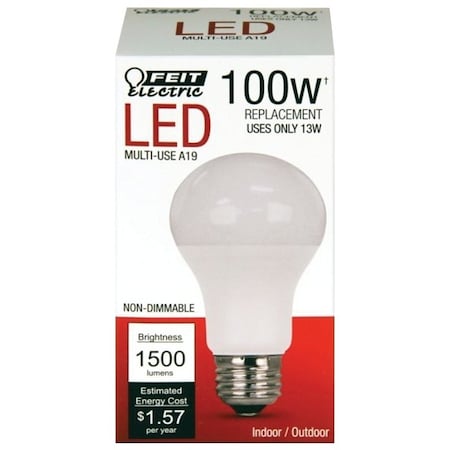 Feit Electric LED Lamp, General Purpose, A19 Lamp, 100 W Equivalent, E26 Lamp Base, White A1600/827/10KLED