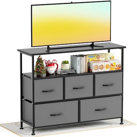 Simple Deluxe TV Stand Dresser for Bedroom Entertainment Center with 5 Fabric Drawers, up for 45in TV, Storage Or 3A88HKCABT5TVGRY
