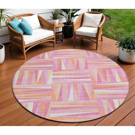 Homeroots 8' Blush Ivory And Orange Round Geometric Washable Indoor Outdoor Area Rug 598246