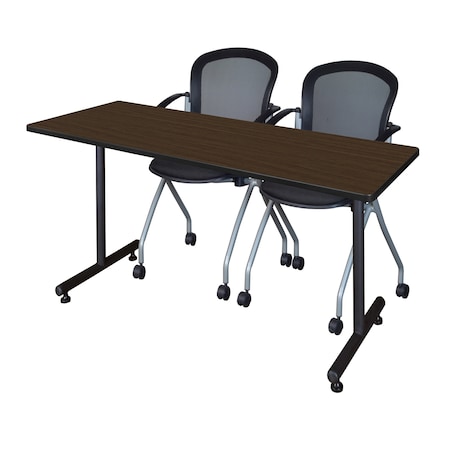 Regency Kobe T-Base Training Seminar Table W/ 2 Cadence Stack Chairs, 66 in W, 24 in L, Neo Walnut MKTRCT6624NW23BK