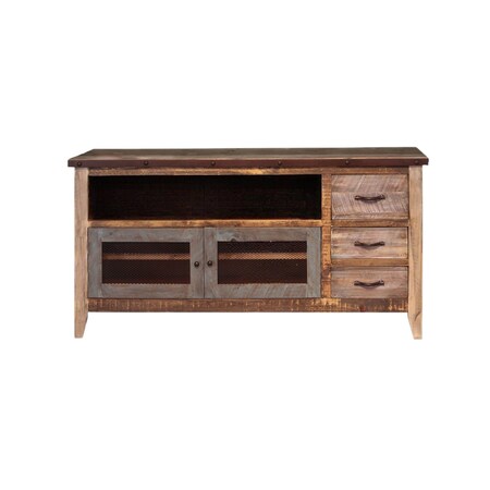 Homeroots 61" Brown Solid Wood Cabinet Enclosed Storage Distressed TV Stand 528763