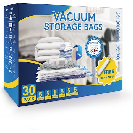 Simple Deluxe Vacuum Storage Bags, Hand Pump Included, 5 Jumbo/5 L/5 M/5 S/5 Roll M/5 Roll S, 30PK HKBAGXVSTORAGE30MIX
