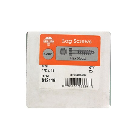 Lag Screw 1/2" S X 12" L Hex Hot Dipped Galvanized Steel Hot Dipped Galvanized