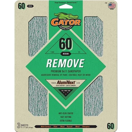 Gator Sanding Sheet, 11 in L, 9 in W, 60 Grit, Coarse, Aluminum Oxide Abrasive 7260