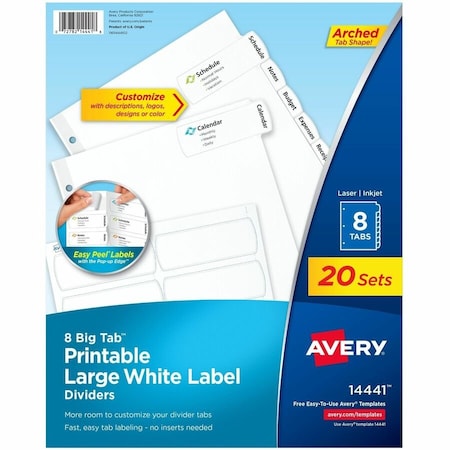 Avery reg Big Tab Printable Large White Dividers with Easy Peel, 8 Tabs, White, 20PK AVE14441