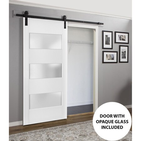 Sartodoors Sturdy Barn Door 36 x 96 inches Frosted Glass 3 Lites, Lucia 4070 White Silk, 6.6FT Rail Hangers He LUCIA4070BD-B-WS-3696