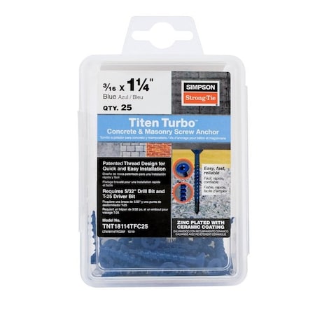 Simpson Strong-Tie Titen Turbo Screw Anchor, 3/16 in Dia, 1-1/4 in L, Carbon Steel, Zinc Plated TNT18114TFC25
