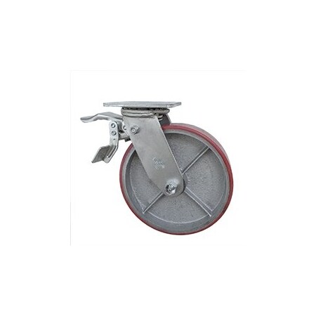 Service Caster 8 Inch Red Poly on Cast Iron Caster with Roller Bearing and Total Lock Brake SCC-TTL30S820-PUR-RS