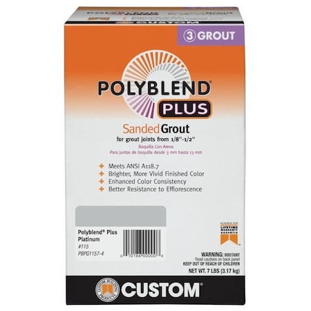 Custom Building Products Polyblend Plus Sanded Grout, Solid Powder, Characteristic, Platinum, 7 lb Box PBPG1157-4
