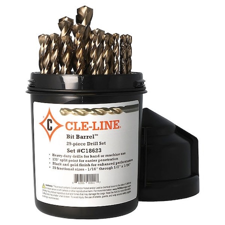 Cle-Line 29PC 1/16-1/2x1/64 Bit Barrel HSS 135 Heavy-Duty Parabolic Jobber Dril Set Cle-Line 1872 Black&Gold C18623