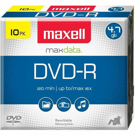 Maxell DVD-R 16X DVD-R WRITE ONCE 4.7GB UP TO 120 MIN RECORDING 10PK SLIM JEWEL CASE, 10PK 638004