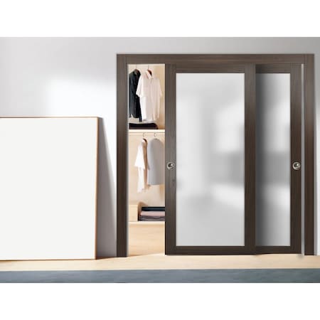 Sartodoors Closet Bypass 60x84 Planum 2102 Chocolate Ash Rails Trims Pulls Hardware Set Modern CoreGlass PLANUM2102DBD-CA-6084