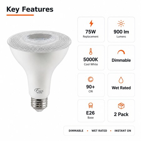 Euri Lighting PAR30 LED Bulbs, 10W, 900 lm, 75W Eq., 5000K, E26, Dimmable, CEC/UL, 2PK EP30-10W5050cec-2