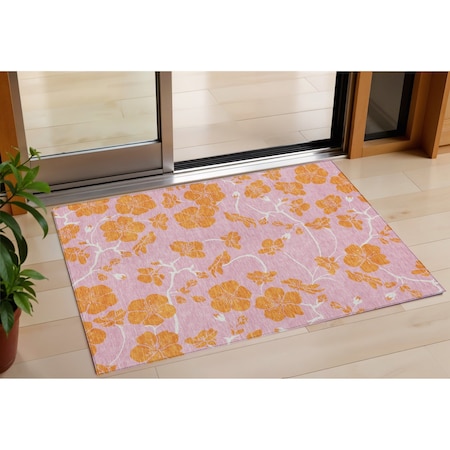 3' X 5' Pink And Copper Floral Washable Indoor Outdoor Area Rug