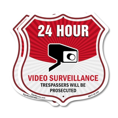 Signmission 24 Hour Surveillance Shield Sign Video S, 18 inch X 18 inch, Plastic Sign, 2PK SHI-P-2PACK-18-348