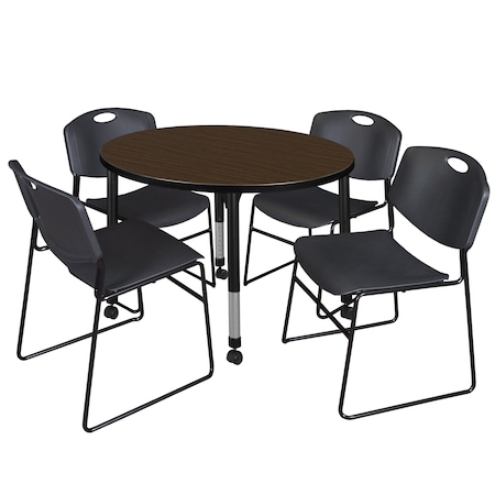 Regency Round Kee Mobile Adjustable Classroom Table W/ 4 Zeng Stack Chairs, 42 in W, 42 in L, Neo Walnut TB42RNDNWAPCBK44BK