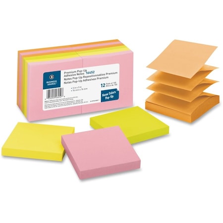 Business Source NOTES, POPUP, 3X3, 12PK, NEON, PK12 BSN16452
