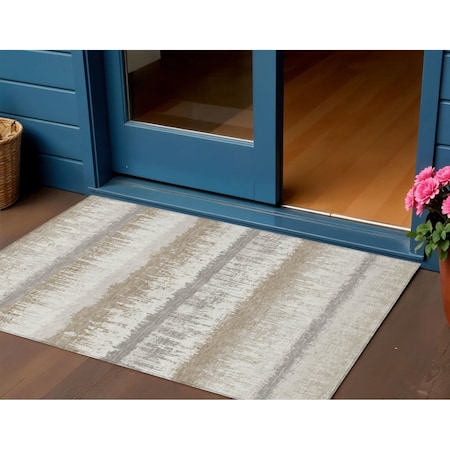 Homeroots 3' X 5' Ivory Gray And Beige Striped Washable Indoor Outdoor Area Rug 598358
