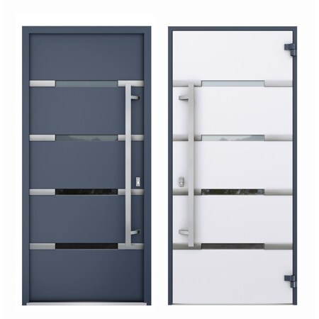 Vdomdoors Steel Door Deux 1105 Gray Graphite 2 Sidelight and Transom Window Stainless Inserts Single Modern P DEUX1105EXD-GRE-W16+36+16xH80+16-LH-O