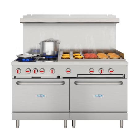 Koolmore 60 In. Commercial Range with 36 In. Griddle, 4 Burners and 2 Standard Ovens KM-CRG364-NG