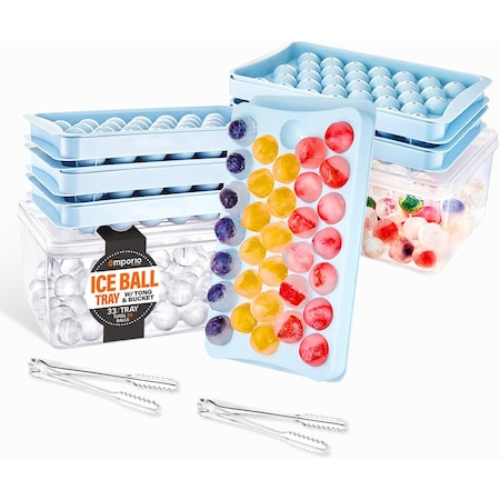 Emporio Kitchen Round Ice Cube Tray Set, 198 Ice Balls, Stackable, Easy-Release, with Lid and Bin, Blue, 2PK EMPICET67
