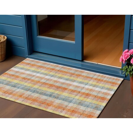 Homeroots 3' X 5' Peach Ivory And Orange Plaid Washable Indoor Outdoor Area Rug 613981