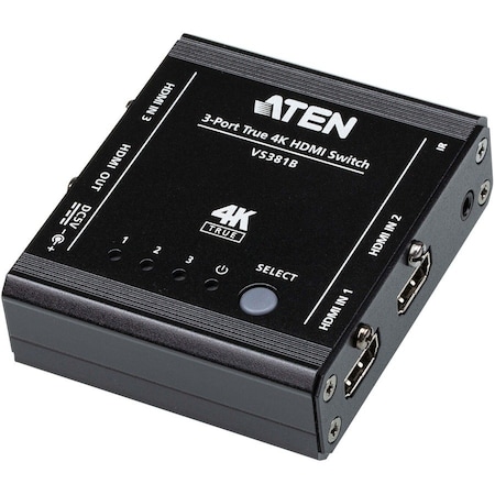 Aten 3-Port True 4K HDMI Switch - 4096 x 2160 - 4K - 3 x 1 - Display - 1 x HDMI Out VS381B