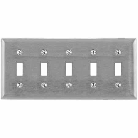 Hubbell Wiring Device-Kellems Wallplates and Boxes, Metallic Plates, 5- Gang, 5) Toggle Openings, Standard Size, Stainless Steel SS5