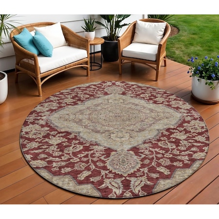 Homeroots 8' Red Beige And Brown Round Oriental Washable Indoor Outdoor Area Rug 605249