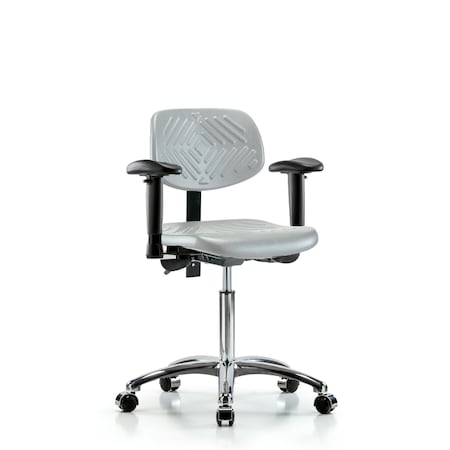 Blue Ridge Ergonomics Polyurethane Chair Chrome - Medium Bench Height with Adjustable Arms & Casters in Gray Polyurethane PMBCH-CR-T0-A1-NF-CC-GRY
