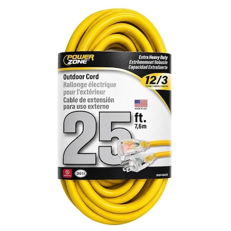 Powerzone OR500825 Extension Cord, 12 AWG Cable, 25 ft L, 125 V, Yellow OR500825/TW123Y25