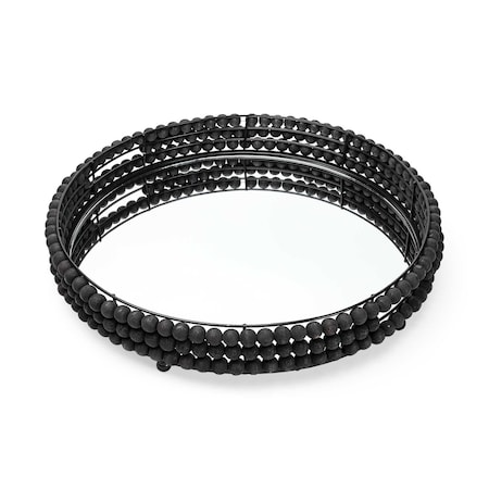 Homeroots 21in Matte Black Wood With Bead Mirrored Glass Bottom Round Tray 376030