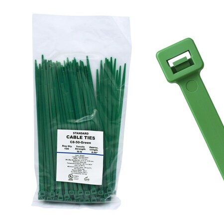 Cable Ties Unlimited Cable Tie, 8 in L, 50 lb Strength, 2.2 in Max Bundle Dia, Nylon 6/6, Green 100PK C8-50-Green