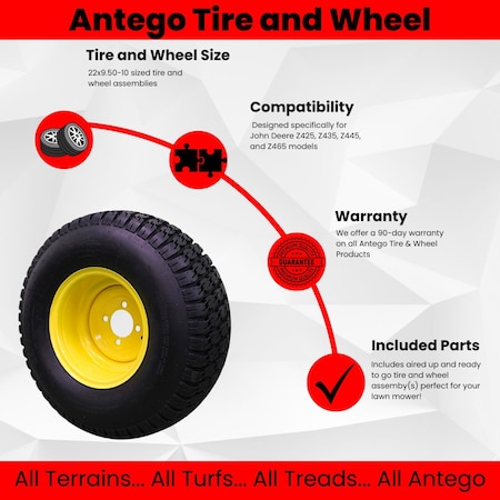 Antego 22 x 9.5-10 in Lawn Mower Tire & Wheel, 4 Ply, Yellow, 2 PK A107008200647042295010