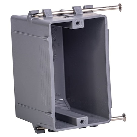 Gardner Bender SwitchOutlet Box, Standard Outlet, 1Gang, 4Knockout, PVC, Gray, InWall, Nail Mounting BOX-NS18