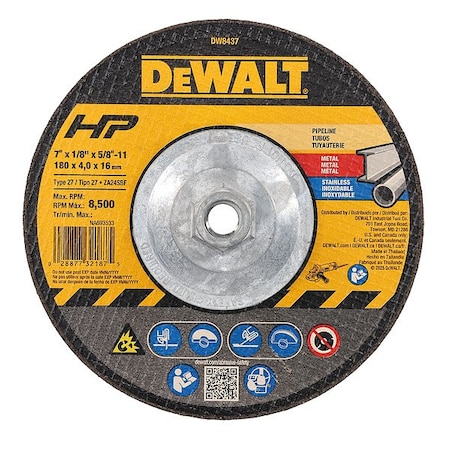 Dewalt Cut-Off & Grinding Wheel, Type 27, 7 in Dia, 0.125 in Thick, 5/8"-11 Arbor Hole Size, 24 Grit DW8437