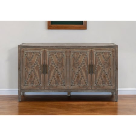 Homeroots 60" Natural and Brown Distressed Carved Geometric Sideboard with Four Doors 568408