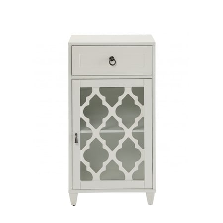 Homeroots 17in White Fret Work Design Glass Door Accent Cabinet 286452