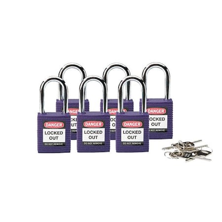 Brady Lockout Padlock, Keyed Alike, Nylon, Purple, 1 1/2 in Shackle Height, 1 1/2 in Body Width, 6 PK 118952